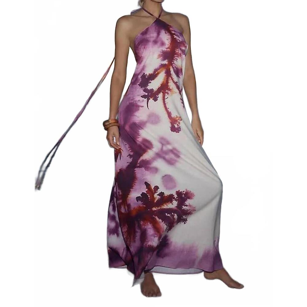 NEW SIGAL halter linen-cotton maxi dress in algae purple
